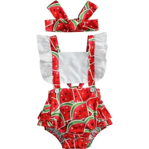 2021 Summer Toddler Baby Fruit Printing Two-pieces Set Infant Girls Square Collar Flying Sleeve Bodysuit Skirt + Headband Set