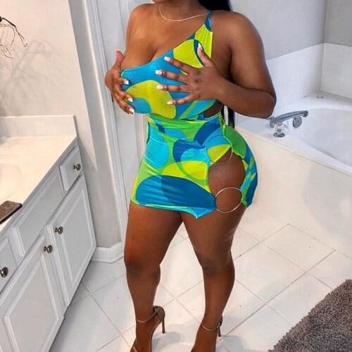 Summer Women Fashion 2-Piece Outfit Sets Skinny Bodysuit+ Ring Skirt Sexy Asymmetric Hollow Out Printed 2021 New Street Club Set