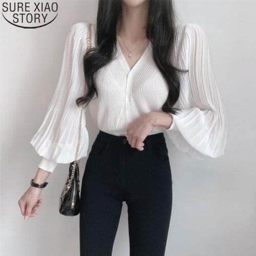 Korean Chic Long Lantern Sleeve Chiffon Splice Knit Shirt Autumn Short Tops 2021 V-neck Knitted Cardigan Women Clothing 15731