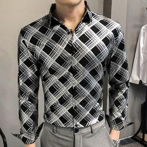 Mens Casual Shirts Fashion Long-sleeved Plaid Summer Autumn Young Men Wedding Banquet Party Shirt Slim Fit Clothes