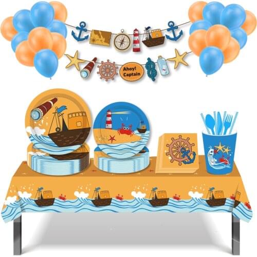 Sea Party Cosplay Disposable Tableware Set Ocean Sailing Party Holiday Party for 8 guests Baby Boy Birthday Party Supplies