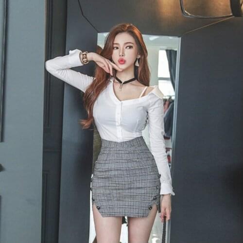 New arrival fashion set women spring OL temperament casual sexy off-shoulder white shirt and plaid mini skirt two piece set