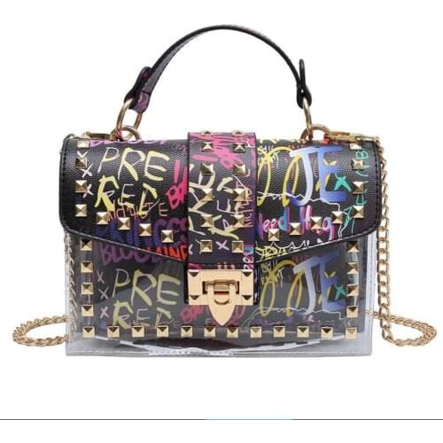 New Chains Rivet Women Handbags Small Black Pink Yellow Blue Pvc Summer Soft Shoulder Bags Cross Body Bags Transparent Purse