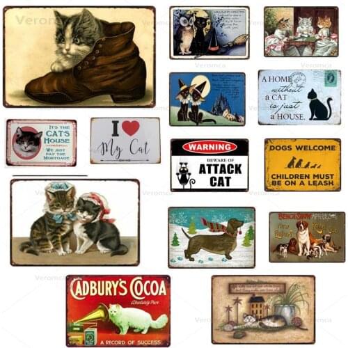 Cute Animals Metal Signs Retro Cat And Dog Pet Tin Painting Wall Art Iron Poster Plates For Pet Shop Home Decoration 20x30cm
