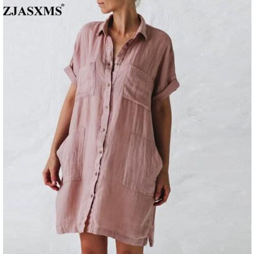 Autumn Solid Pocket A-Line Party Dress Women Turn-down Collar Cotton Linen Dress Spring Single Breasted Button Split Shirt Dress