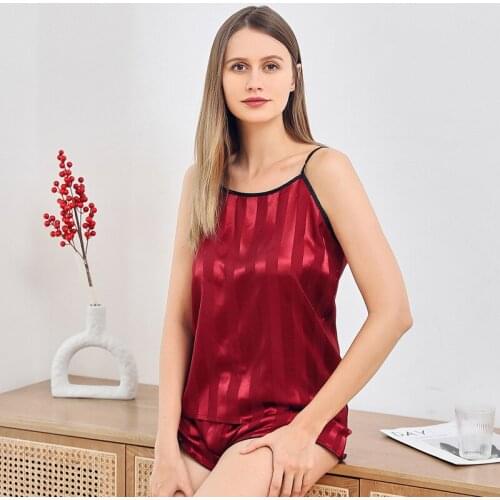 Sexy Pajamas Suit Women Sleepwear Strap Top&Shorts Faux Silk 2 Piece Set Intimate Lingerie Soft Striped Lounge Wear Pijamas