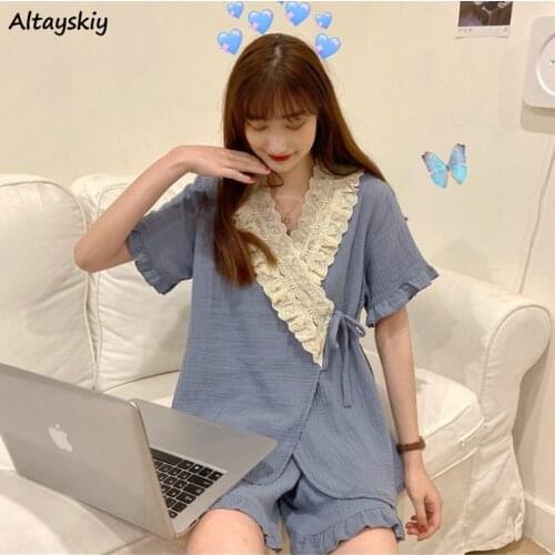 Pajama Sets Women Lace-up Design Summer Patchwork Nightwear Korean Style Students New Arrival Popular Female Cozy Homewear Mujer