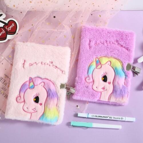 Unicorn Plush Notebook with Lock Student Codebook Girls Diary School Awards Stationery Gift Planner Supplies Sweet Cute Kawaii