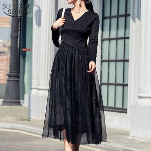 Stitching Fake Two Pieces of Medium-length Mesh Dress Woman Party Dress 2021 Elegant Dresses for Women Knit Bottom Dress 13275