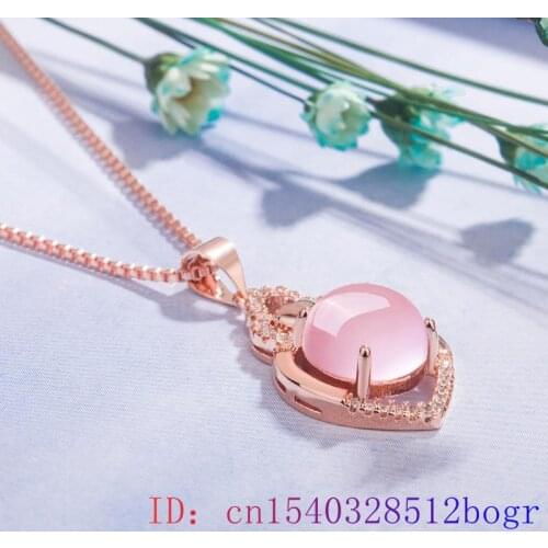 Pink Jade Heart Pendant Necklace Amulet Women Chalcedony Fashion Natural Jewelry Gifts 925 Silver