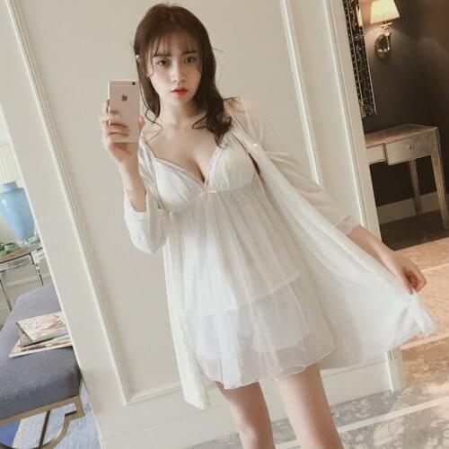 Sexy Lingerie Sexy Pajama Girl Temptation Summer Three Suits Lace Princess Nightgown Bosom Cushion Long-Sleeved Sleepwear