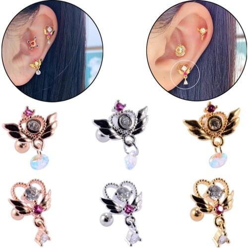 2PCS Stainless Steel Cz Ear Tragus Cartilage Multicolor Crystal FeatherDaith Earrings Heart Shape Helix Earring Piercing 20G