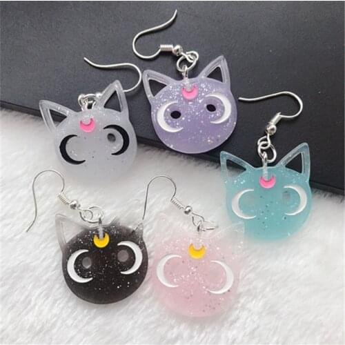 1Pair Drop Earrings Cute Moon Cat Flaback Resin Multicolor Animal Shape for Children Gift and Woman Jewelry