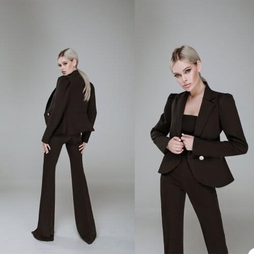 Chic Blazer Suits Women Flare Pants Pocket Black Jacket Elegant Fashion New Latest Casual Daily Coat 2 Pieces Set