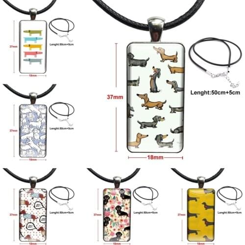 Cute Dachshund Silhouette Dog Pattern Fashion Glass Cabochon Pendant Necklace Women Steel Color Choker Rectangle Necklace For