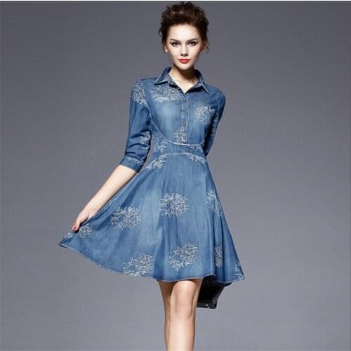 Korean Denim Dress for Women 2019 New Summer Casual Jeans Dress Embroidery Slim Vintage Mini Denim Dress Plus Size 3XL 5XL R636