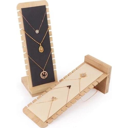 2pc Mall Shop Jewelry Display Stand Necklace Holder Long Chain Organizer Pendant Show Rack Wood Suede Necklace Show Tray