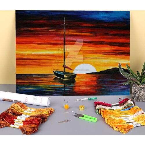 Sunset By The Hill Printed Water-Soluble Canvas 11CT Cross Stitch Embroidery Set DMC Threads Handicraft Needlework Design