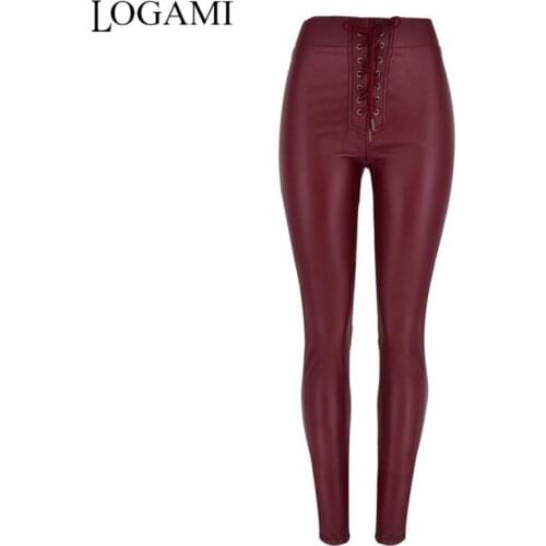 LOGAMI High Waist Drawstring Leather Pants Women Spring Autumn Pencil PU Pants womens Trousers