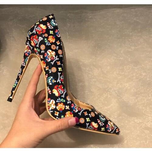 Carpaton Runway High Heel Shoes Sexy Pointed Toe Flower Printed Dress Shoes Woman Party Wedding Heels White black