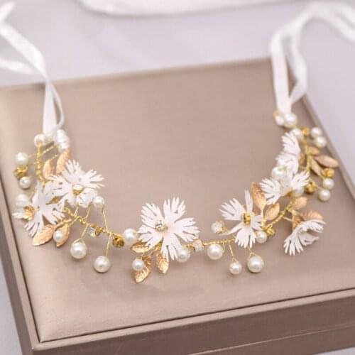 Vintage Pearls Wedding Hair Accessories Flower Milk Rhinestone Tiaras Headband Leaves Women Girl Hair Jewelry Hairband Headpiece