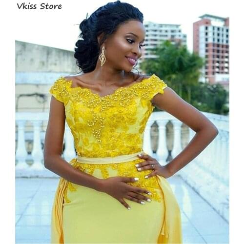 2021 New Yellow Prom Dress Mermaid Sexy Satin Sweep Train Off Shoulder Applique Evening Dress robe de soirée de mariage платье
