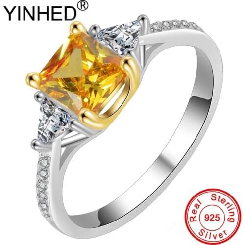 YINHED Luxury Yellow Gems Square Cubic Zircon Finger Ring Real 925 Sterling Silver Wedding Engagement Rings for Women ZR664