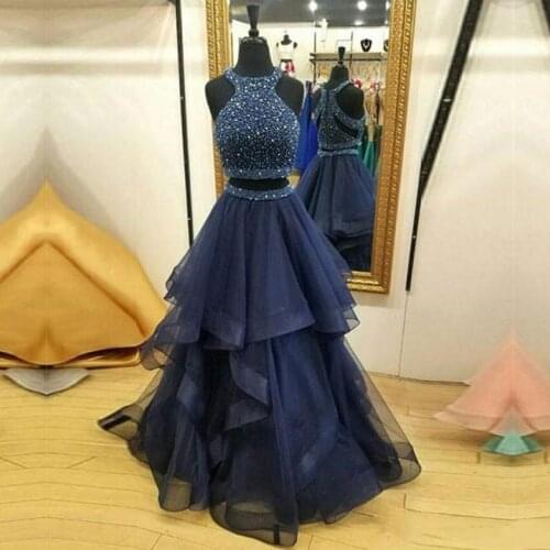 Hot Sale Charming Two Pieces Dresses Navy Blue Real Picture Long Dresses Sweep Train Ruffles Beaded Formal Gowns