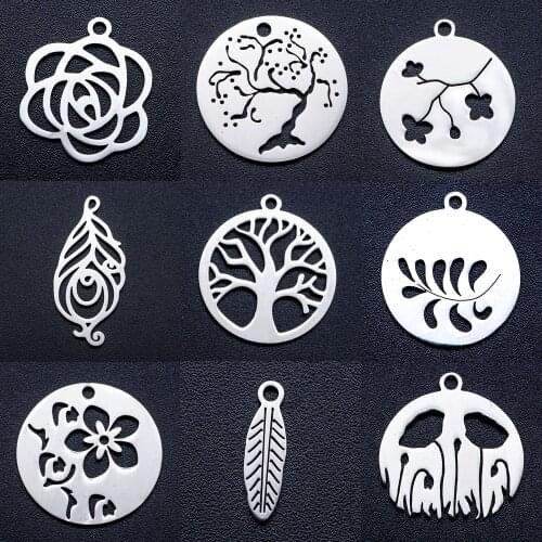 10pcs/lot diy sakura cherry blossom stainless steel charm pendant wholesale fern tree of life jewelry bracelet connector charms