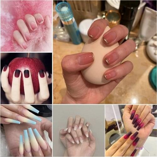 24 Pcs Gradient French Ballet Coffin Fake Nails Korean Round Short Press On Nail Tips Manicure Decoration Tools Nail Art FN16