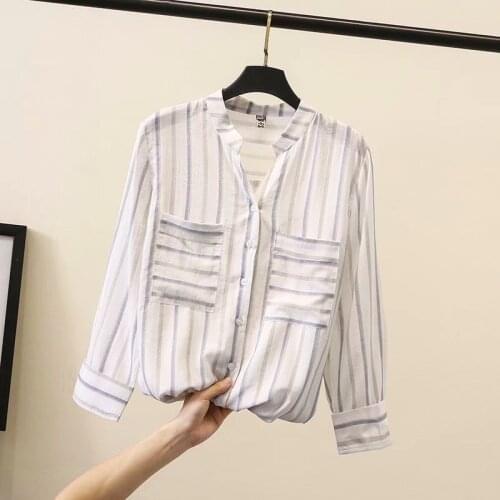 Plus size cotton striped pocket V-neck long Sleeve women loose shirts 2021 new spring autumn casual ladies blouse female tops