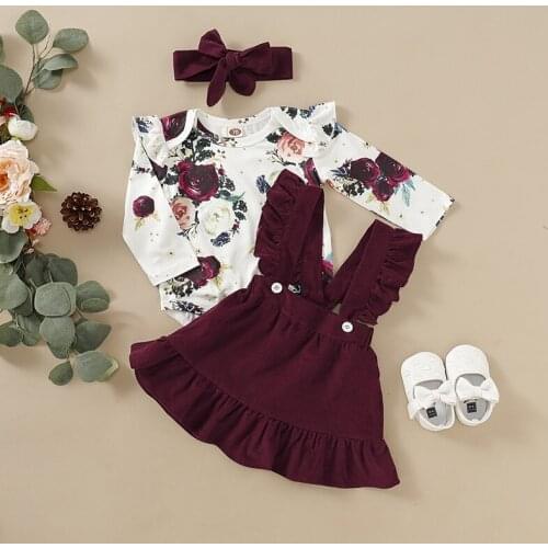Hibobi 2021 Hot Sale Summer and Spring Baby Girl Floral Bodysuit & Solid Color Suspender Skirt & Headband