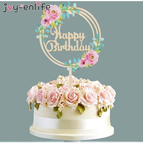 Flower Green Leaf Happy Birthday Cake Topper Cupcake Decorations Birthday Baking Decoration Baby Shower Wedding Decorations