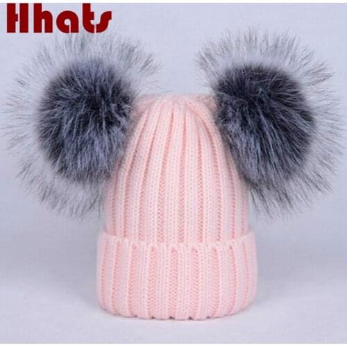 Double faux fox fur pompom winter hat cap fashion solid bobble knitted bonnet parent-child two fur pom pom ball skullies beanies