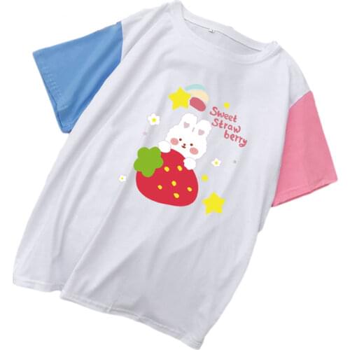 Y2k Top Womens Kawaii T-Shirt Casual Hit Color Cotton T Shirt Crative Strawberry Rabbbit Cartoon Print Harajuku Female Clothing