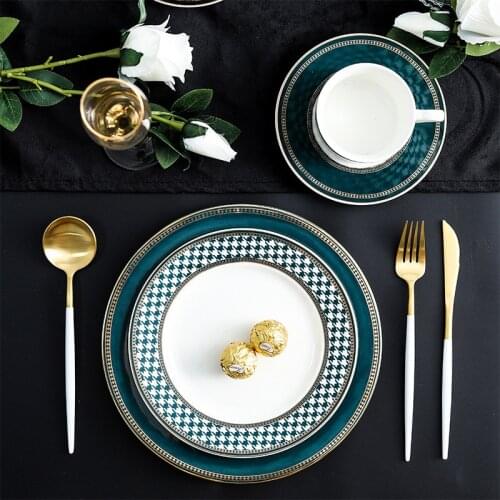 Ceramic Gold Inlay Houndstooth Plate Steak Food Plate Salad Plate Dinnerware Plates set