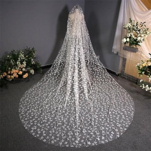 Beautiful Floral Lace Veil Wedding 3 m Width Floor Length Flower Sequined Bridal Veils