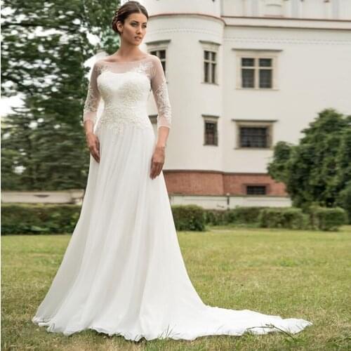 Summer Lace Bohemian Wedding Dresses 2021 Scoop Boho 3/4 Sleeve Lace Bride Dress Tulle Beach Bridal Gowns Robes De Mariage