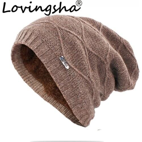 LOVINGSHA Faux Fur Knitted Hat Men Beanies Bonnet Hats For Men Women Beanie Mens Warm Baggy Knit Skullies Winter Hat Caps HT045