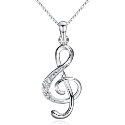 100% 925 sterling silver fashion musical note shiny crystal ladies`pendant necklace jewelry short box chain women female no fade