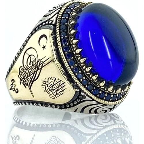 Opalize Cut Sapphire Stone Tuğra Moon Stars Silver Men 'S Ring