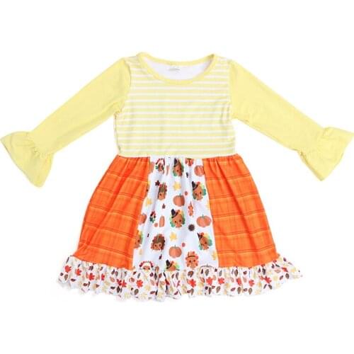 Kaiya Angel Toddler Dress For Thanksgiving Girls Bell Sleeve Turkey Printed Dress 2019 Spring Fall Children Boutique Dresses