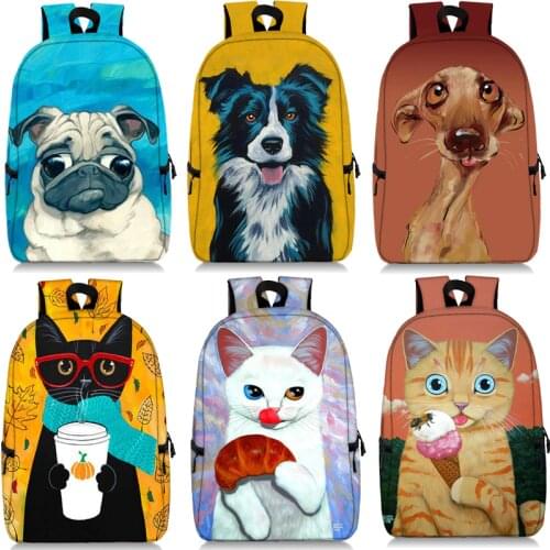 Cute Dog Cat Eat Food Print Backpack For Teenager Children Animal School Bags Boys Girls Canvas Daypack Bookbag Women Travel Bag
