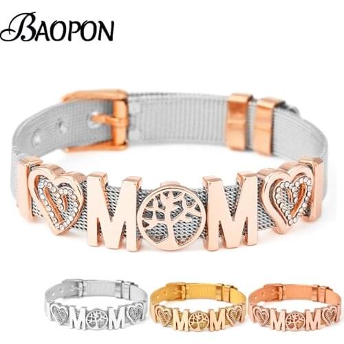 Silver Color 10mm Stainless Steel Mesh Bracelet With Mom Charm Slide Beads For Women Mother New Arrival Christmas Jewelry Gift