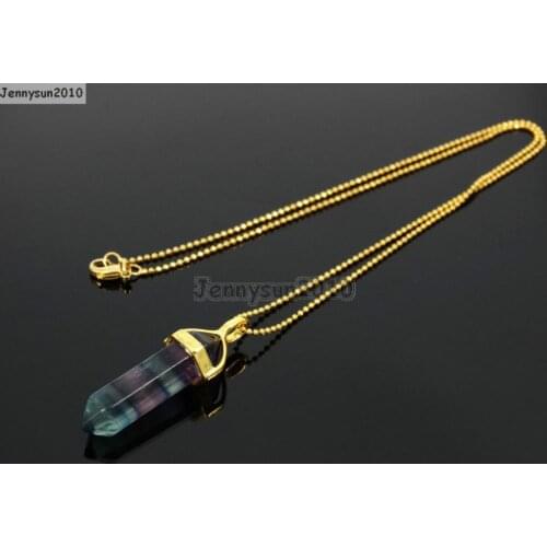 Natural Multi-Colored Fluorite Gems Stones Hexagonal Pointed Healing Reiki Chakra Pendant Beads Gold 17'' Necklace 5 Sets/Pack