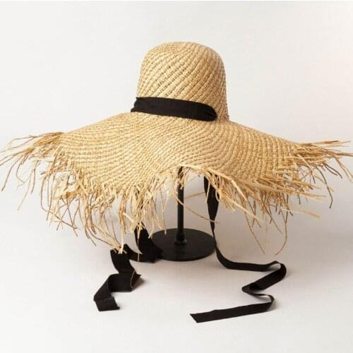 Summer New Raffia Custom Handmade Large Wide Brim Straw Hat Black White Strap Fashion Outdoor Causal Beach Sun Hat Bonnet Enfant