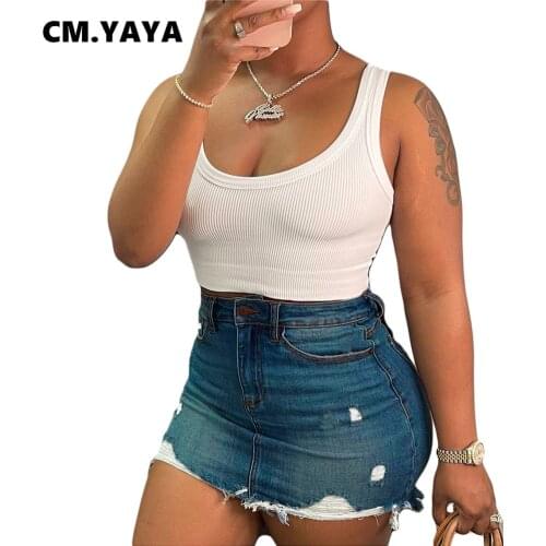CM.YAYA Women Denim Skirts Solid Mid Waist Zip Pockets Ripped Stretchy Bodycon Skirts Casual Fashion High Streetwear Summer 2021