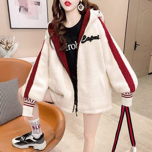 Women 2021 New Autumn Winter Fashion Embroidery Hooded Jacket Lamb Plush Coat Outerwear Ladies Plus Velvet Thick Warm Overcoat