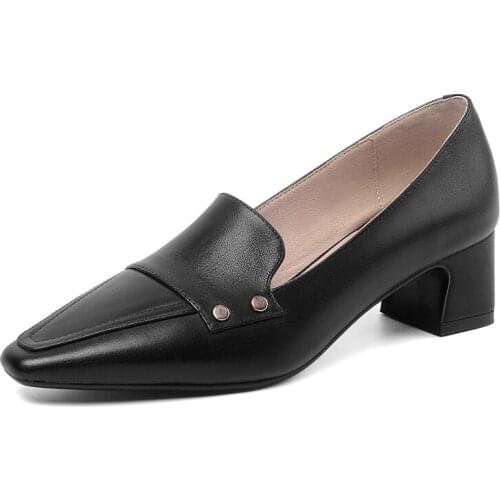 SmallHut Spring Women Pumps Office Lady Genuine Leather Metal Decoration Square Toe Black Beige Mid Thick Heeled Shoes G346
