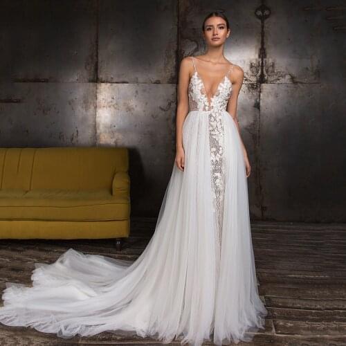 UZN Sexy Mermaid Glitter Lace Brial Gowns V Neck Spaghetti Straps Backless Beach Wedding Dress Vestido De Novia